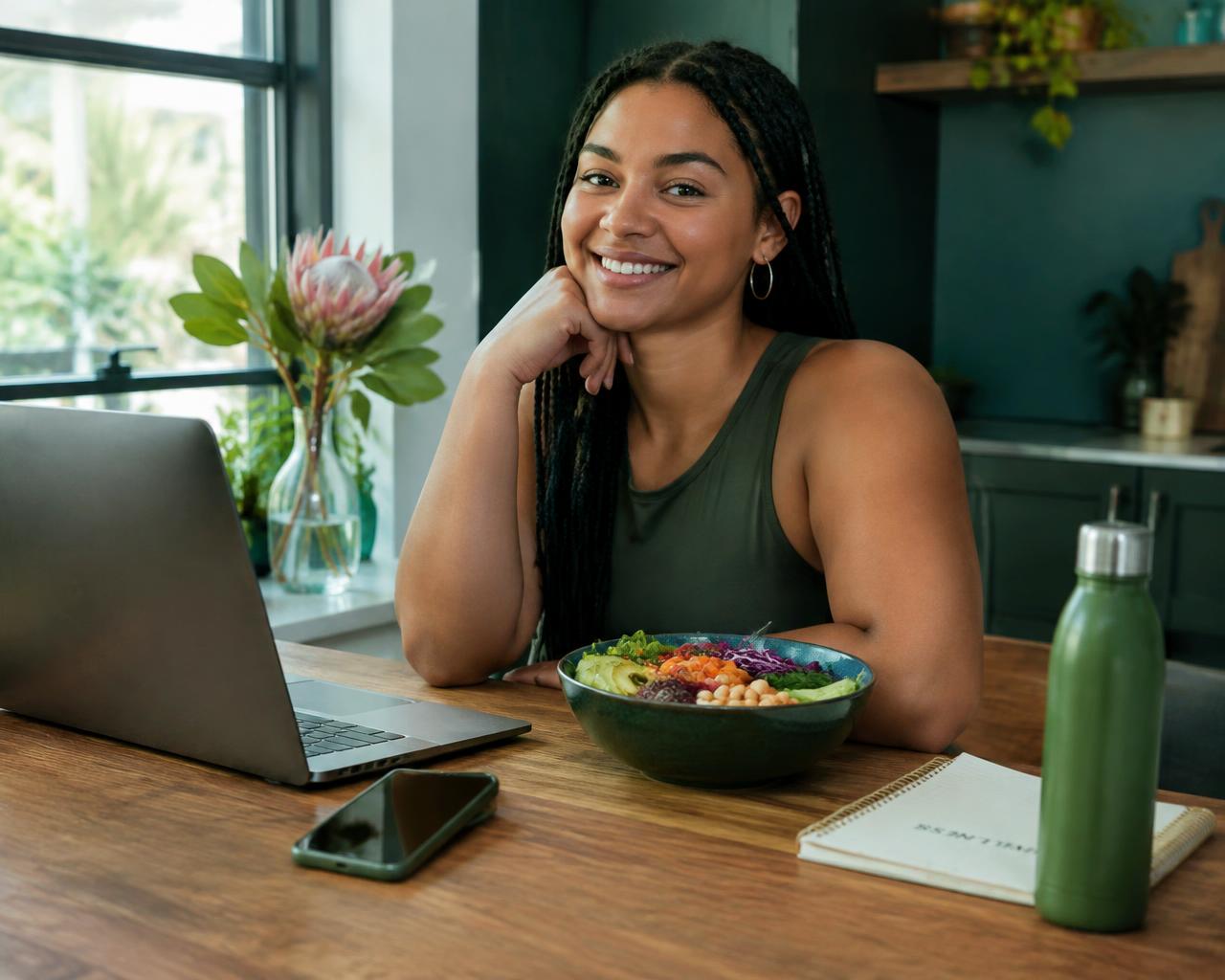 Wellness coach working online with a laptop, phone and healthy meal